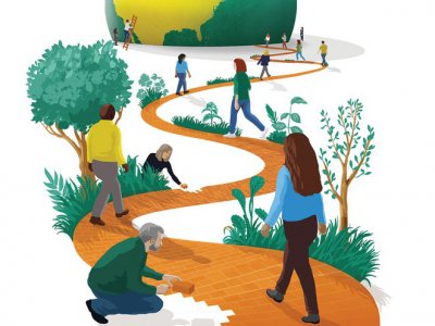 people building road together and walking on it