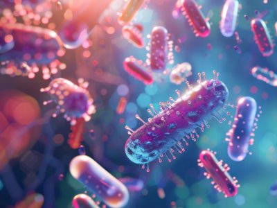 A colorful, microscopic view of rod-shaped bacteria. One bacterium is in the foreground in high detail, while many others are blurred in the background, creating a sense of depth.